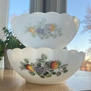 Vintage Arcopal France Nesting Bowls Set of Two White Milk Glass Scalloped Edge